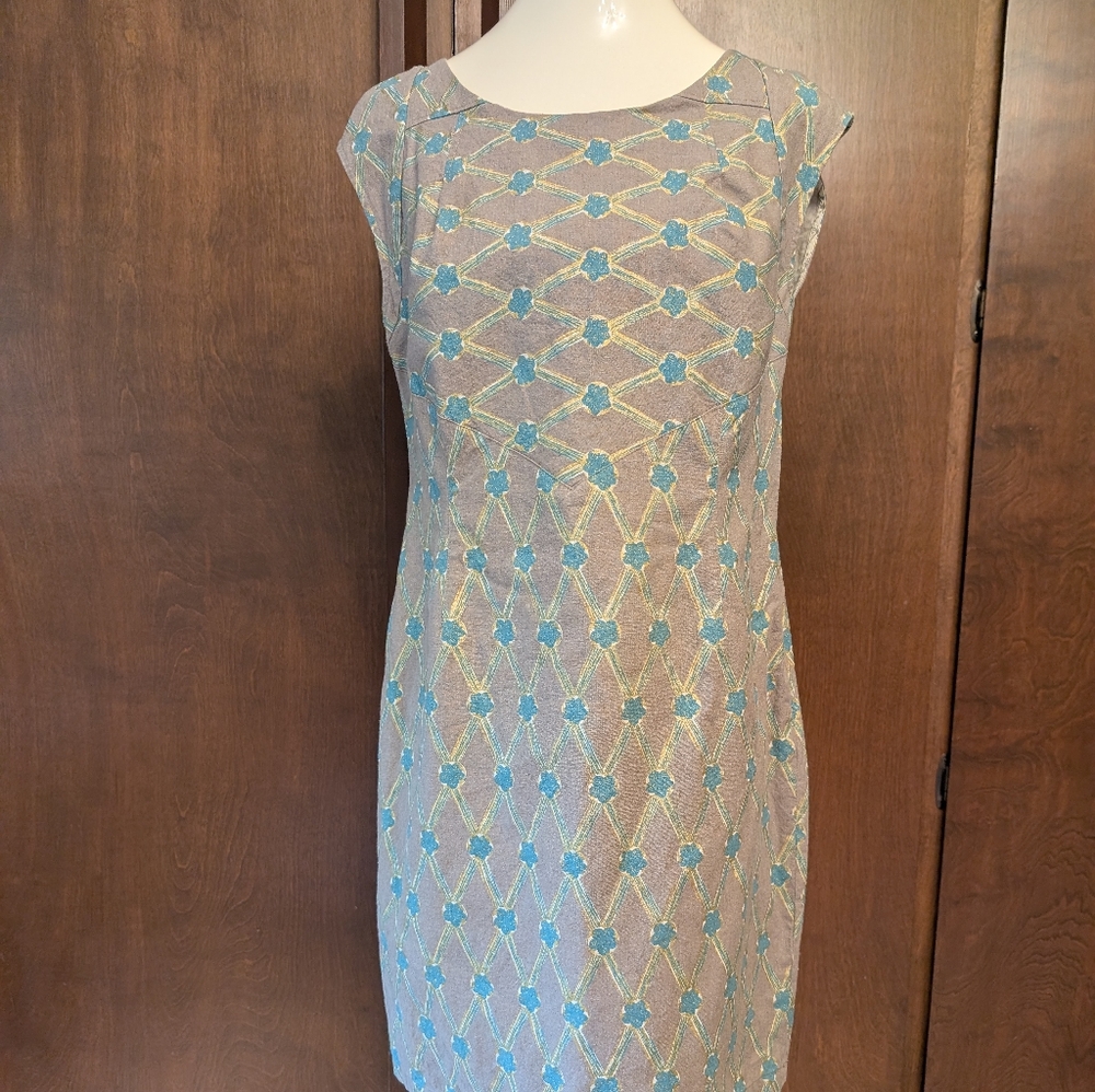 Cotelac Tan and Blue Patterned Sheath Dress Linen Blend